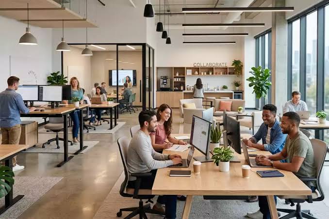 Colleagues working together in a modern coworking office